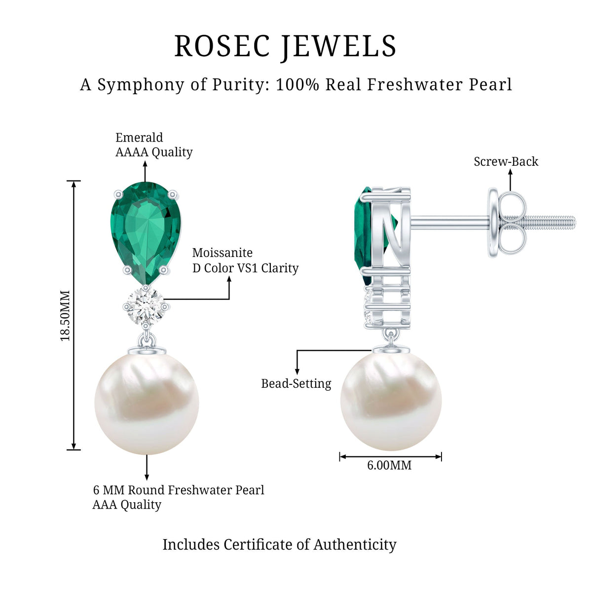 Sterling Silver 4.5 Carat Pearl Drop Earrings with Lab Grown Emerald
