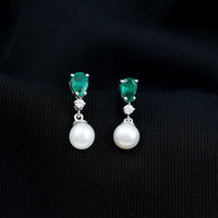 Sterling Silver 4.5 Carat Pearl Drop Earrings with Lab Grown Emerald