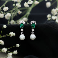 Sterling Silver 4.5 Carat Pearl Drop Earrings with Lab Grown Emerald