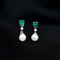 Freshwater Pearl Drop Dangle Earrings With Created Emerald