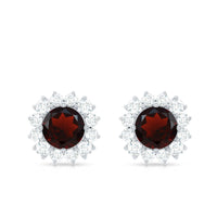 Genuine Garnet and Diamond Halo Stud Earrings