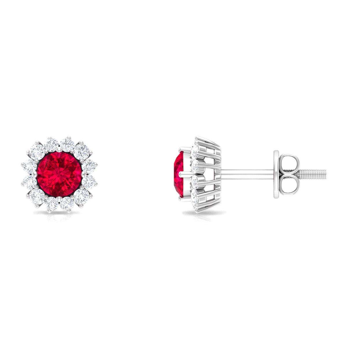 Rosec Jewels 1.75 CT lab-created ruby stud earrings with diamond halo, showcasing a classic and elegant jewelry design.