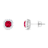 Rosec Jewels 1.75 CT lab-created ruby stud earrings with diamond halo, showcasing a classic and elegant jewelry design.