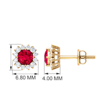 Rosec Jewels 1.75 CT lab-created ruby stud earring with diamond halo, showcasing a sparkling red gemstone and elegant design.
