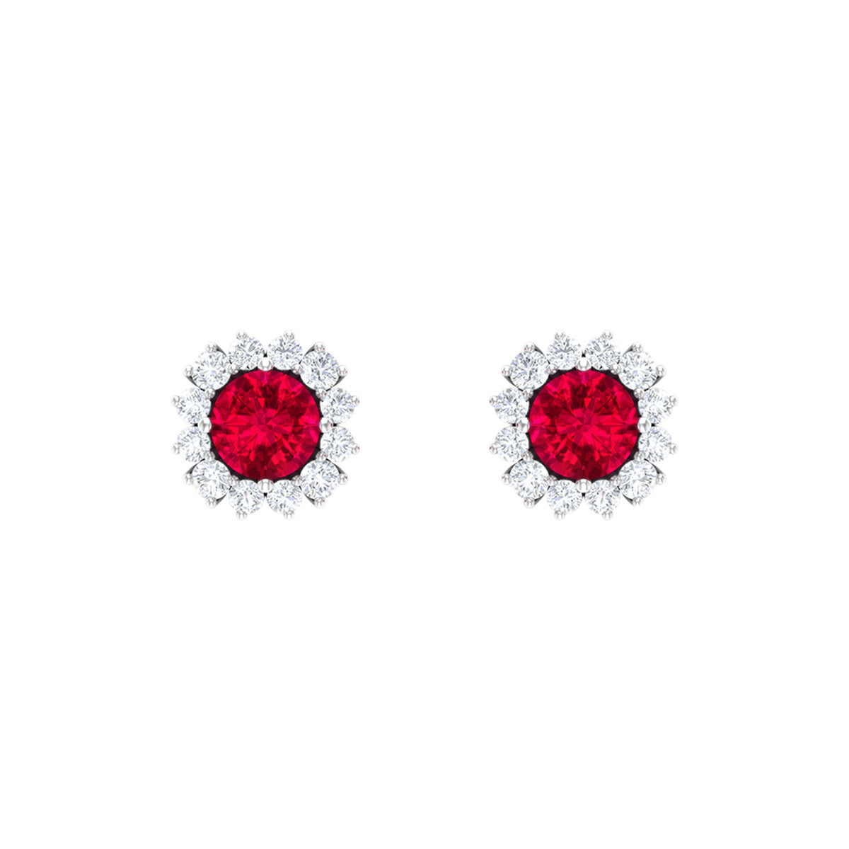 Rosec Jewels 1.75 CT lab-created ruby stud earrings with diamond halo, showcasing vibrant red rubies and sparkling diamonds.