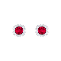 Rosec Jewels 1.75 CT lab-created ruby stud earrings with diamond halo, showcasing vibrant red rubies and sparkling diamonds.