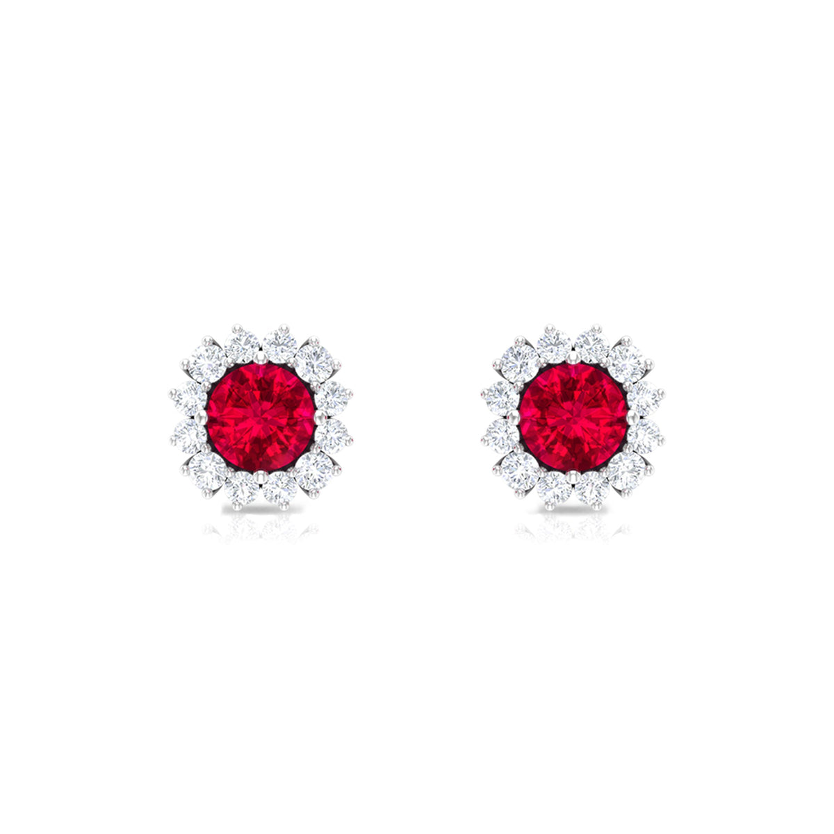 Rosec Jewels 1.75 CT lab-created ruby stud earrings with diamond halo, showcasing vibrant red gemstones and sparkling accents.