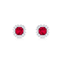Rosec Jewels 1.75 CT lab-created ruby stud earrings with diamond halo, showcasing vibrant red gemstones and sparkling accents.