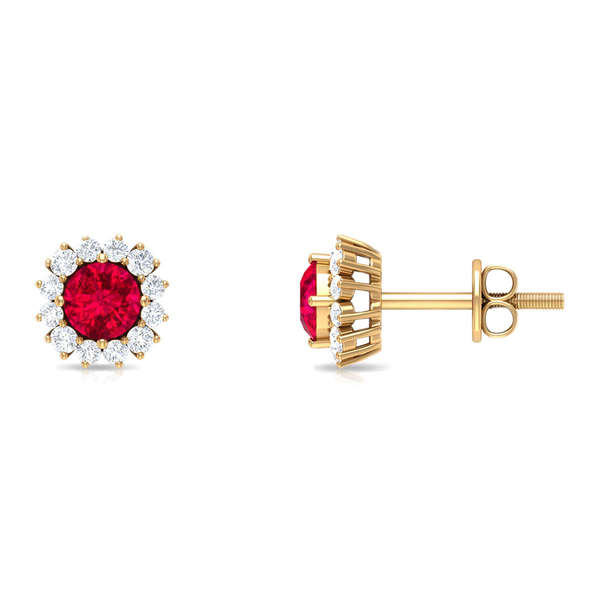 Rosec Jewels 1.75 CT lab-created ruby stud earrings with diamond halo, featuring classic design and sparkling gemstone accents.