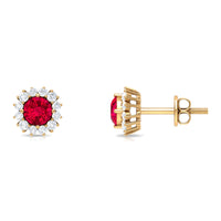 Rosec Jewels 1.75 CT lab-created ruby stud earrings with diamond halo, featuring classic design and sparkling gemstone accents.