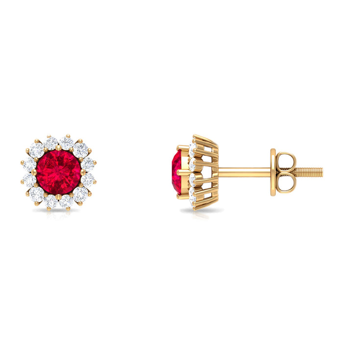 Rosec Jewels 1.75 CT lab-created ruby stud earrings with diamond halo, featuring classic design and sparkling gemstone accents.