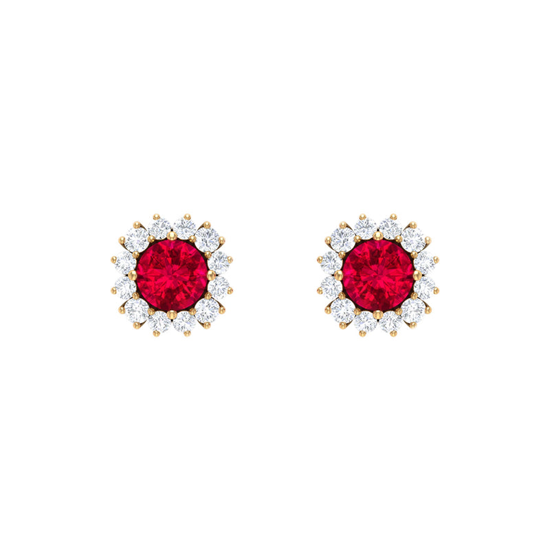 Rosec Jewels 1.75 CT lab-created ruby stud earrings with diamond halo, showcasing elegant gemstone and sparkling accents
