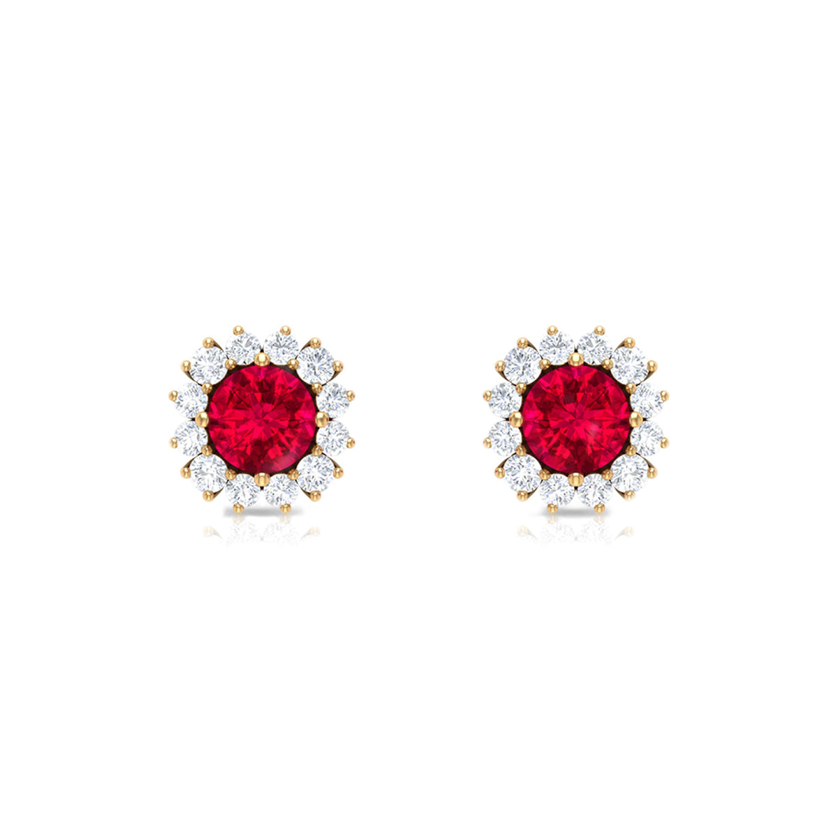 Rosec Jewels 1.75 CT lab-created ruby stud earrings with diamond halo, showcasing a classic design and sparkling gemstones.