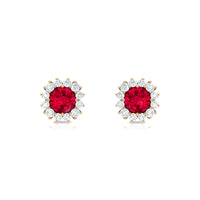 Rosec Jewels 1.75 CT lab-created ruby stud earrings with diamond halo, showcasing a classic design and sparkling gemstones.