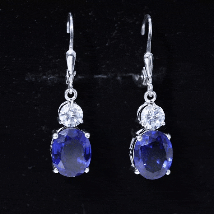 Lab grown blue sapphire drop hoop earrings with moissanite stones, featuring elegant sterling silver hoops by Rosec Jewels.
