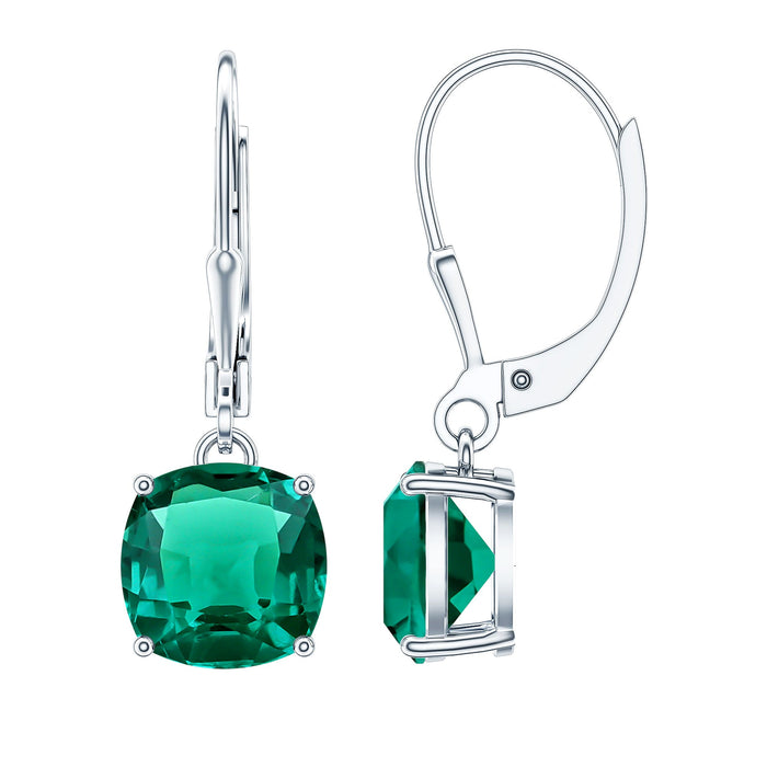 4 carat cushion cut lab-grown emerald drop earrings by Rosec Jewels, featuring elegant green gemstone dangles.
