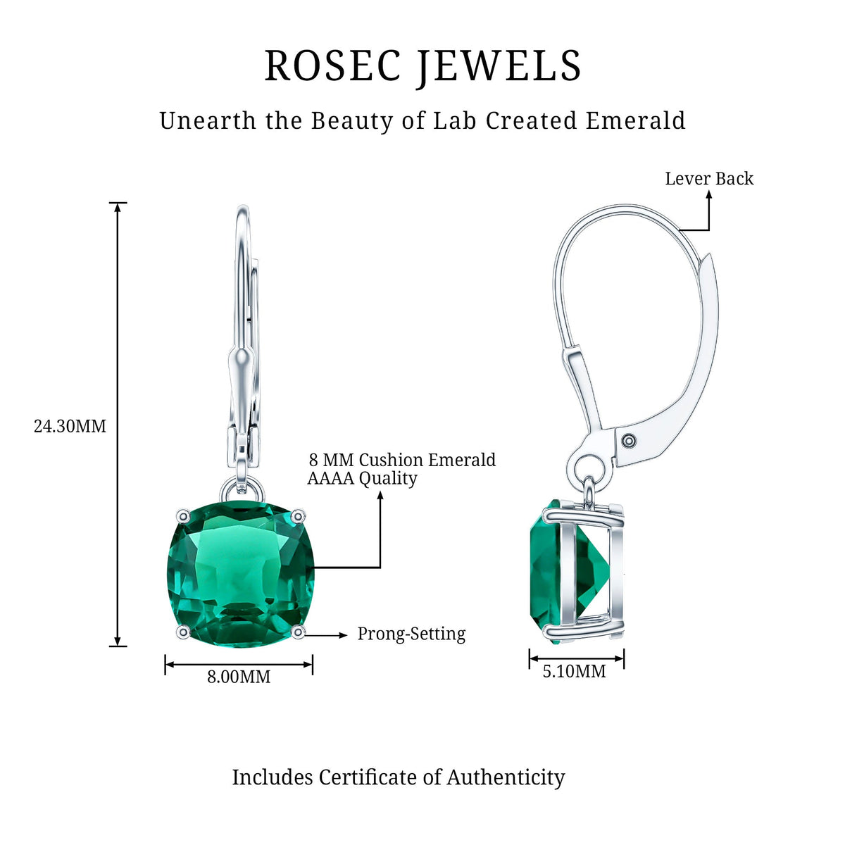 4 Carat Cushion Cut Lab Grown Emerald Drop Earrings