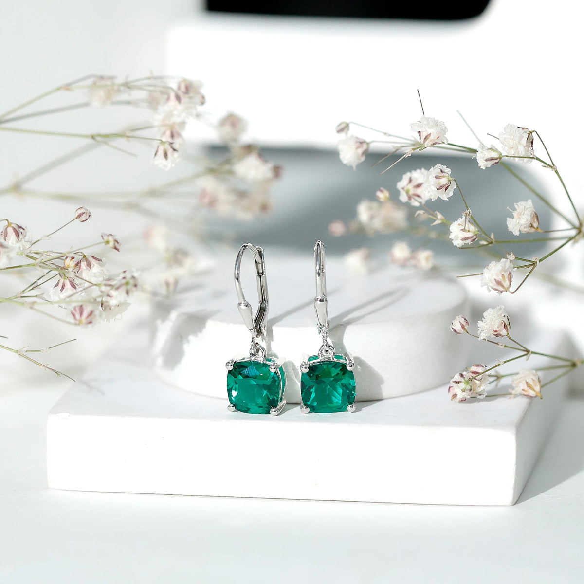 4 Carat Cushion Cut Lab Grown Emerald Drop Earrings