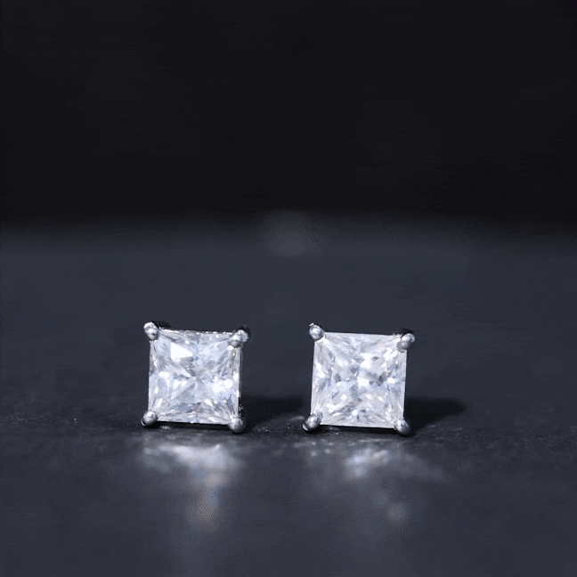 Certified 2.5 carat princess cut moissanite stud earrings in silver with a secure post from Rosec Jewels.