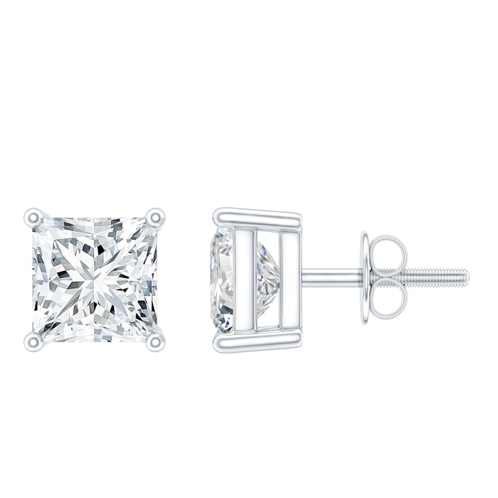 Certified 2.5 carat princess cut moissanite stud earrings in silver with a secure post and butterfly backing, from Rosec Jewels.