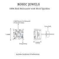 6MM Solitaire Princess Cut Moissanite Stud Earrings
