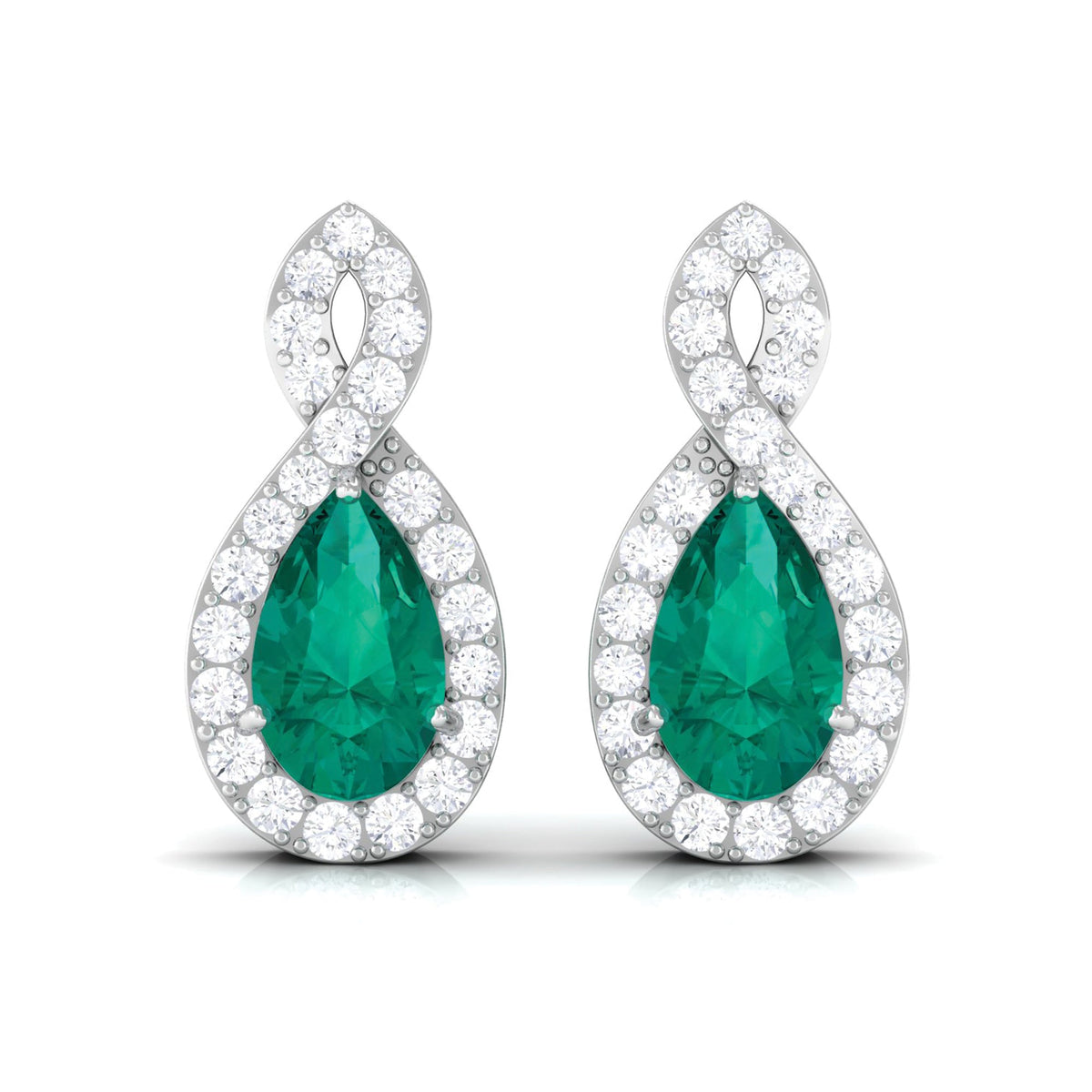 Natural Pear Shaped Emerald Diamond Infinity Stud Earrings