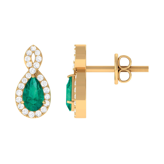 Pear-shaped emerald and diamond infinity stud earrings by Rosec Jewels featuring natural green gemstones and sparkling accents.