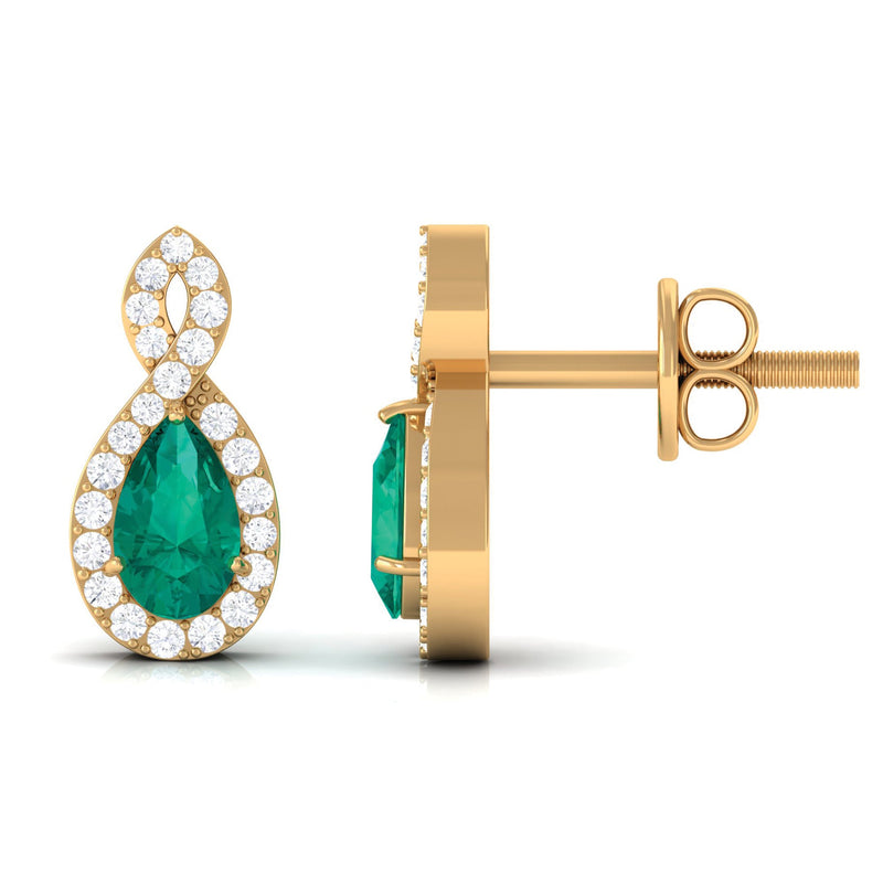 Pear-shaped emerald and diamond infinity stud earrings by Rosec Jewels, featuring natural gemstones and elegant design.
