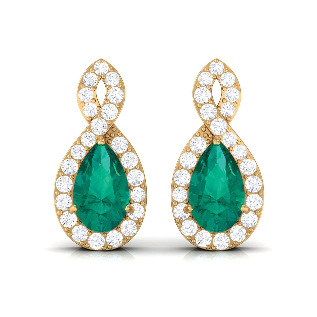 Natural Pear Shaped Emerald Diamond Infinity Stud Earrings