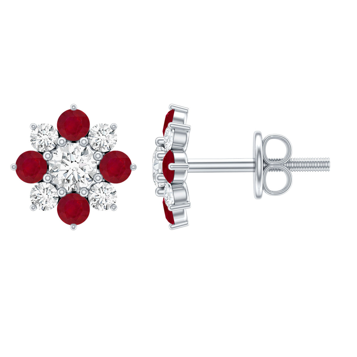 Real diamond and ruby floral stud earrings by Rosec Jewels featuring sparkling diamonds and vibrant rubies in a floral design.
