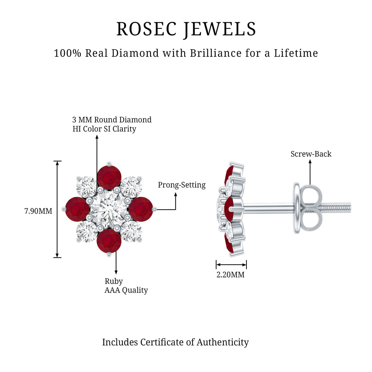 Real diamond and ruby floral stud earrings by Rosec Jewels featuring sparkling diamonds and vibrant rubies in a floral design.