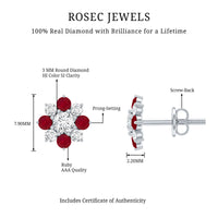 Real diamond and ruby floral stud earrings by Rosec Jewels featuring sparkling diamonds and vibrant rubies in a floral design.