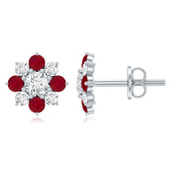 Rosec Jewels real diamond and ruby floral stud earrings featuring sparkling diamonds and vibrant rubies in a delicate floral design.