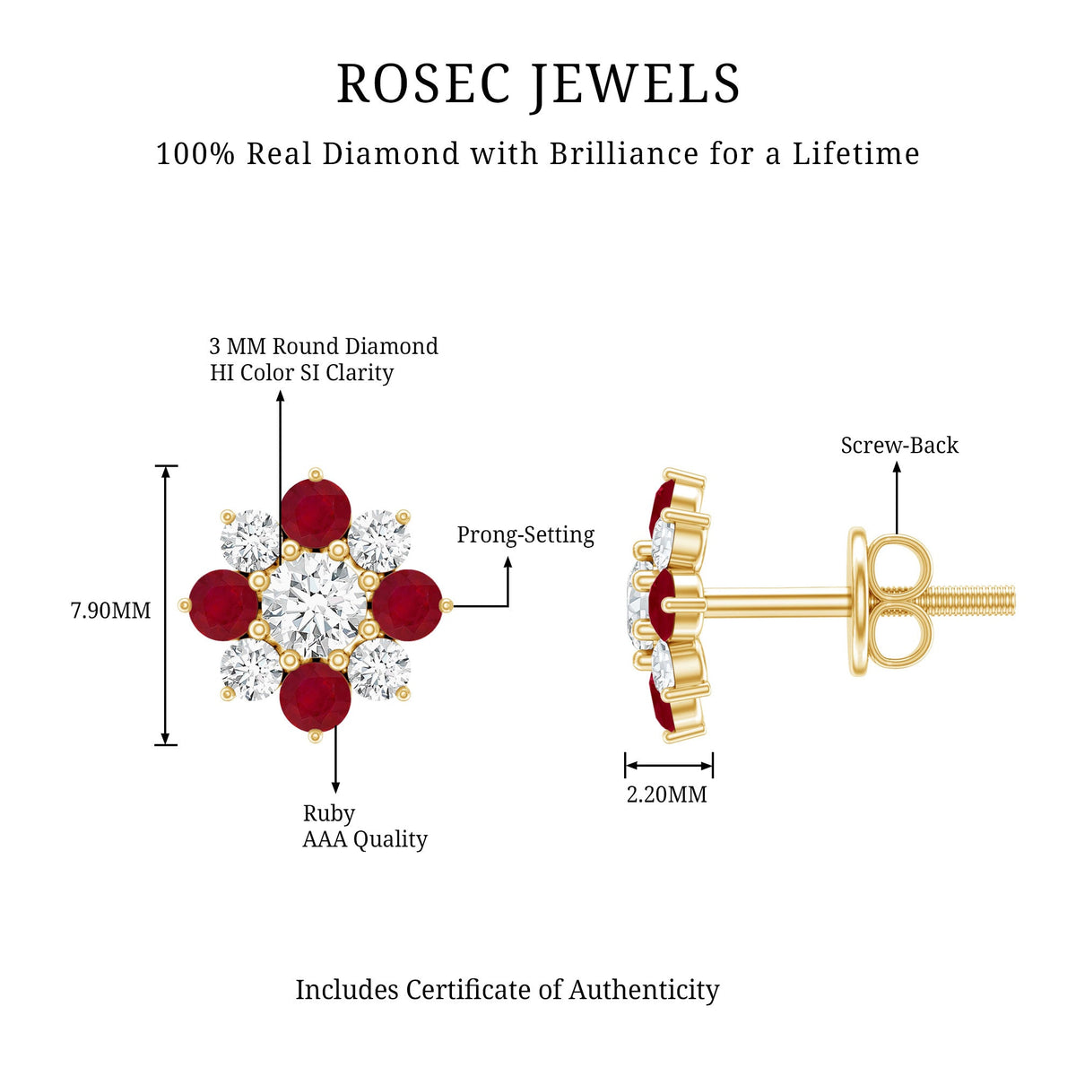 Real diamond and ruby floral stud earrings by Rosec Jewels, showcasing sparkling gemstones and intricate floral design.