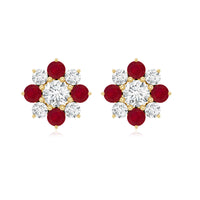 Real diamond and ruby floral stud earrings by Rosec Jewels featuring sparkling diamonds and vibrant rubies in a floral design.