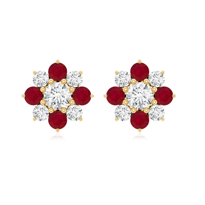Real diamond and ruby floral stud earrings by Rosec Jewels featuring sparkling diamonds and vibrant rubies in a floral design.
