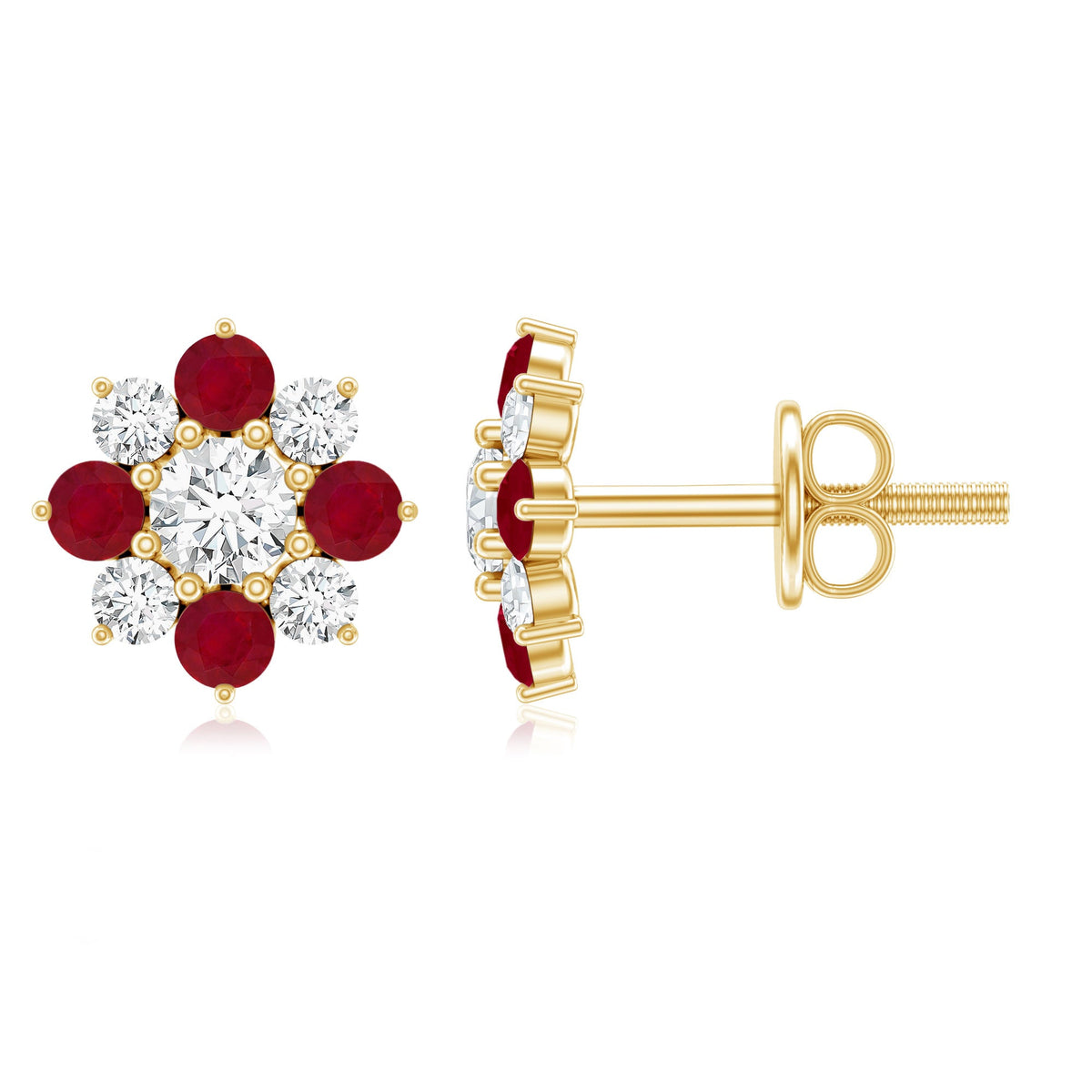 Rosec Jewels real diamond and ruby floral stud earrings with sparkling diamonds and vibrant rubies in a delicate floral design.