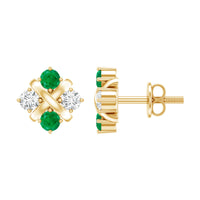 Certified Emerald and Lab Diamond Cluster Stud Earrings