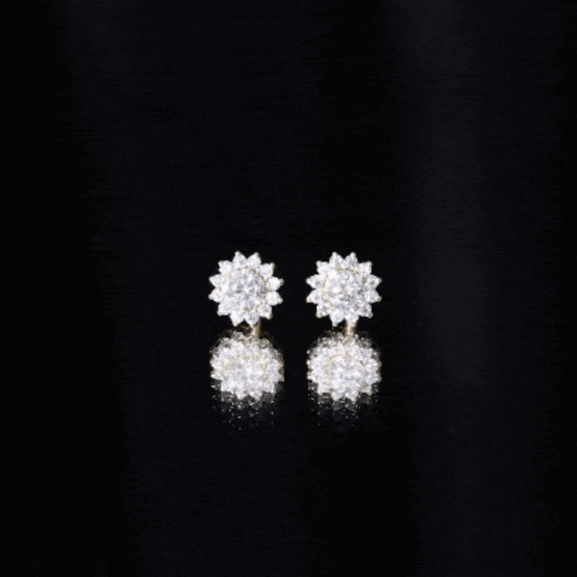 Yellow round cut moissanite halo stud earrings for women by Rosec Jewels, featuring sparkling gemstone accents and classic design.
