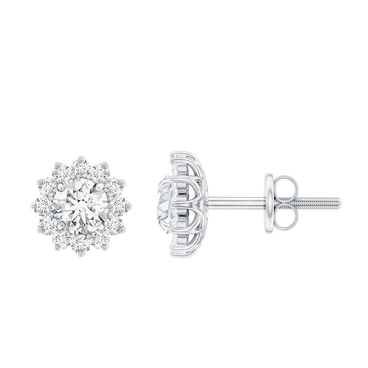 Round cut moissanite halo stud earrings for women by Rosec Jewels, featuring sparkling gemstones and a classic design.