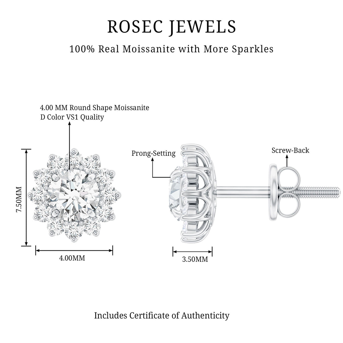 Round cut moissanite halo stud earrings for women by Rosec Jewels, showcasing sparkling gemstone and elegant sterling silver setting.