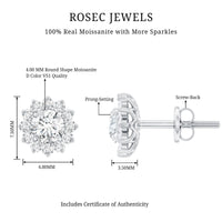 Round cut moissanite halo stud earrings for women by Rosec Jewels, showcasing sparkling gemstone and elegant sterling silver setting.