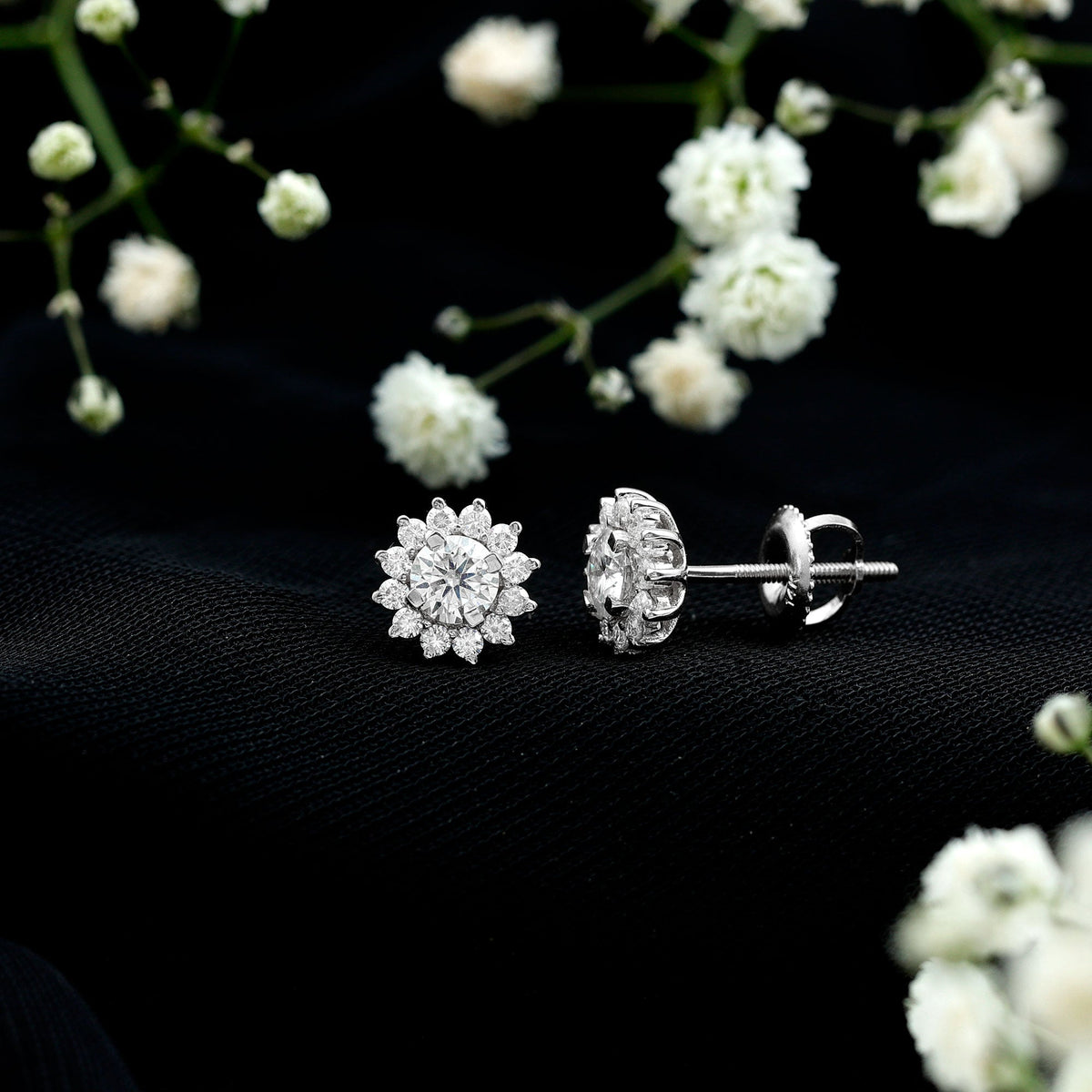 Round cut moissanite halo stud earrings for women by Rosec Jewels, featuring sparkling gemstone detail and elegant gold setting.
