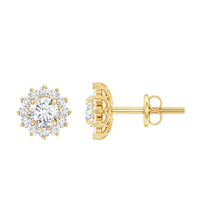Rosec Jewels certified round cut moissanite halo stud earrings for women, showcasing sparkling gemstone and elegant design.