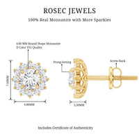Rosec Jewels certified round cut moissanite halo stud earrings for women, featuring sparkling gemstone designs.