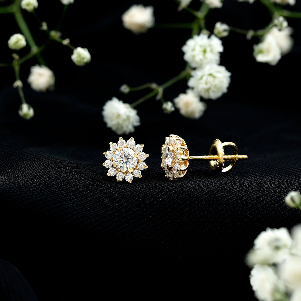 Round cut moissanite halo stud earrings for women by Rosec Jewels featuring sparkling gemstone accents and a classic earring design.