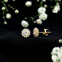Round cut moissanite halo stud earrings for women by Rosec Jewels featuring sparkling gemstone accents and a classic earring design.
