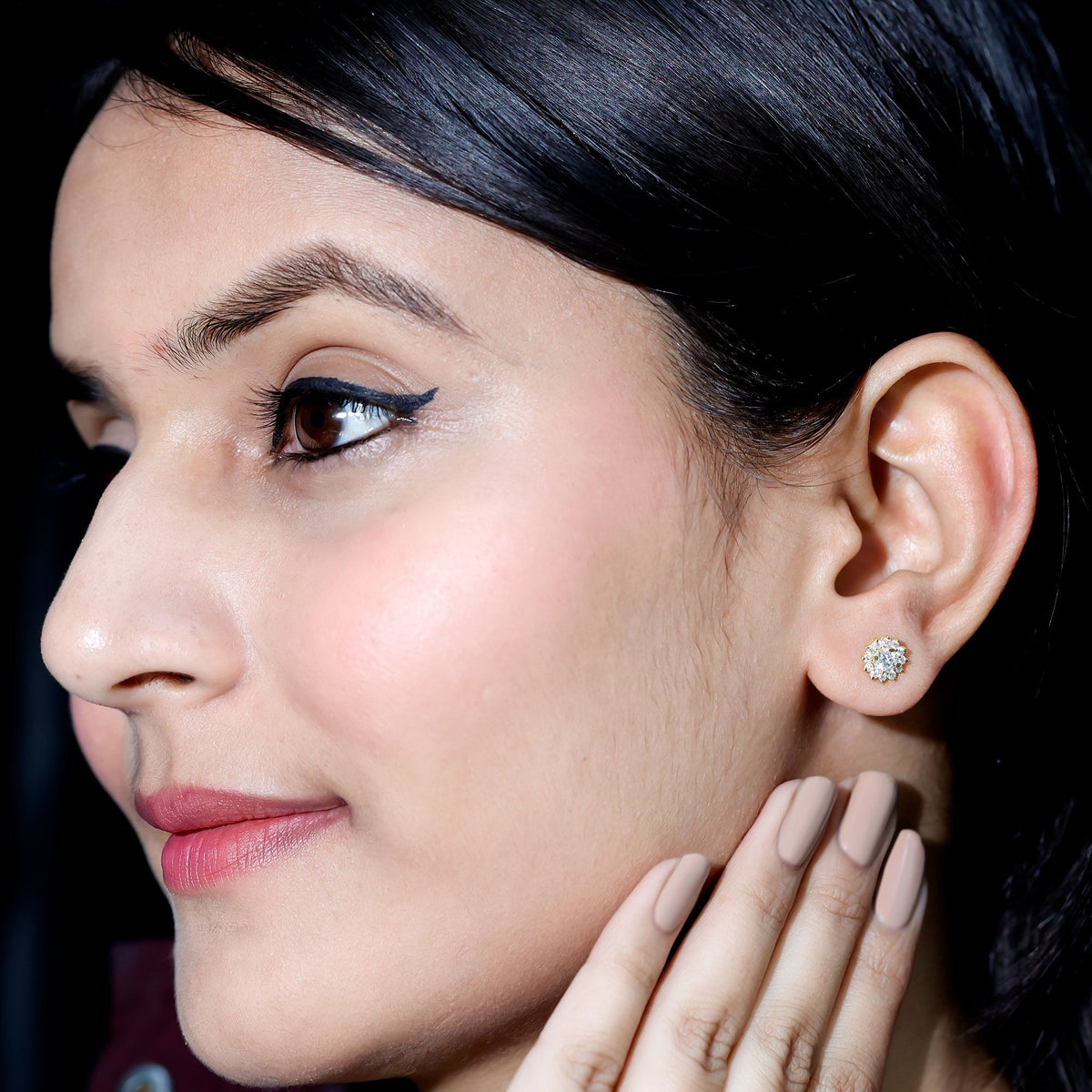 Round cut moissanite halo stud earrings for women by Rosec Jewels, featuring sparkling gemstone and elegant design.