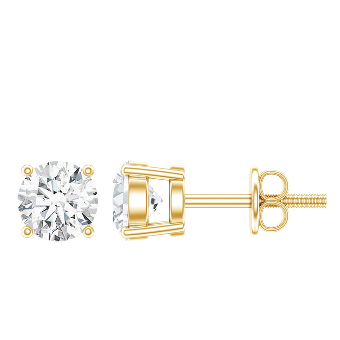 Round 1-carat moissanite solitaire screw back stud earrings by Rosec Jewels, featuring sparkling gemstone and secure screw back design.