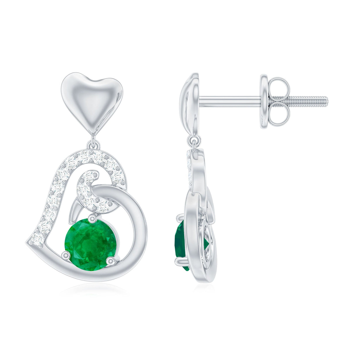 0.9 Carat Round Emerald and Diamond Heart Drop Earrings